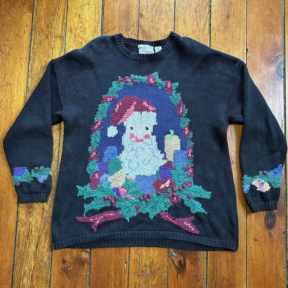 Vintage Laura Daniels Hand Knit Sweater Womens 3XL Santa Clause Black Festive